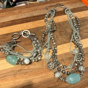 Premier Designs Necklace Bracelet Set Aqua Blue Green Silver tone Adjustable
